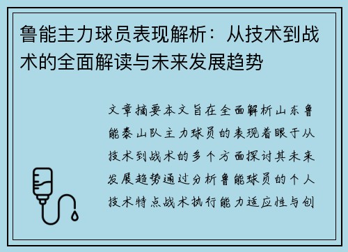 鲁能主力球员表现解析：从技术到战术的全面解读与未来发展趋势