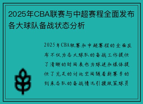 2025年CBA联赛与中超赛程全面发布 各大球队备战状态分析