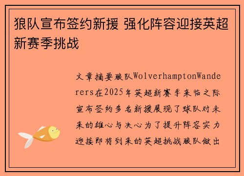 狼队宣布签约新援 强化阵容迎接英超新赛季挑战