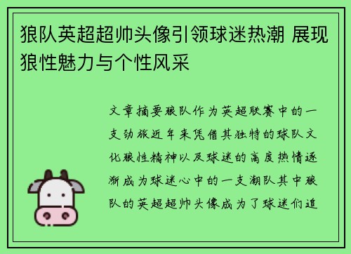 狼队英超超帅头像引领球迷热潮 展现狼性魅力与个性风采