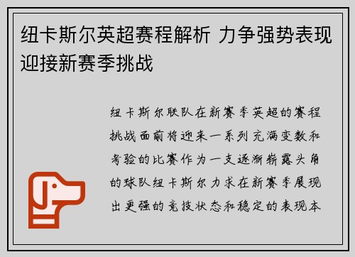 纽卡斯尔英超赛程解析 力争强势表现迎接新赛季挑战