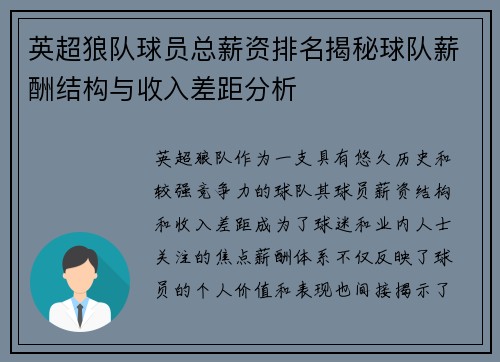 英超狼队球员总薪资排名揭秘球队薪酬结构与收入差距分析